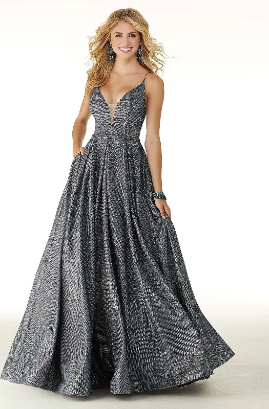 Mori Lee - Metallic Plunging V Neck A-Line Dress 45076 Pastel unclassified dresses