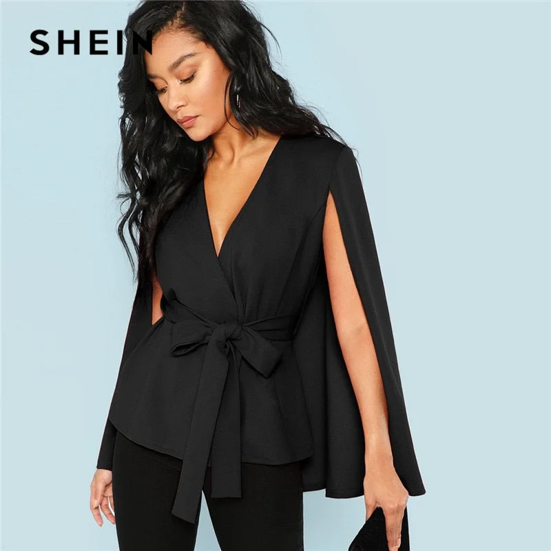 SHEIN Workwear Black Deep V Neck Surplice Neck Tie Waist Cloak Sleeve Cape Coat 2018 Streetwear Modern Lady Outerwear Coat New Open-back unclassified dresses