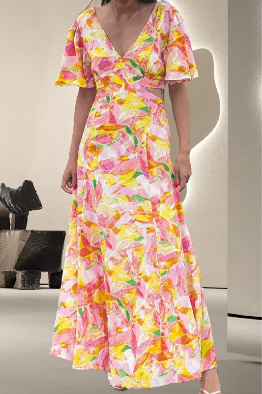 Tied Printed V-Neck Short Sleeve Dress Flirty Mini Skirt