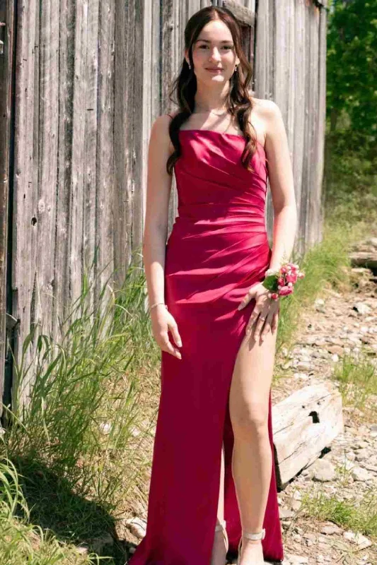 Burgundy Strapless Sleeveless Pleated Satin Side Slit Long Prom Dress Cozy Maxi Dress