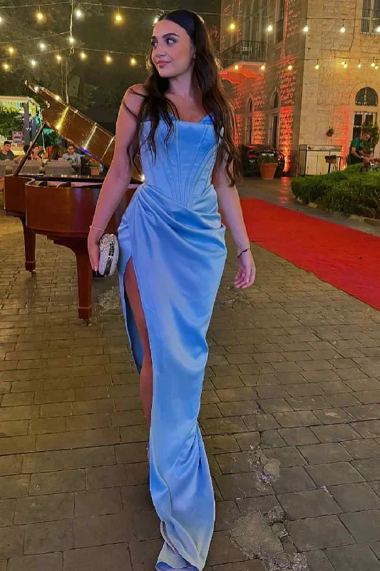 Strapless V-Neck Pleated Satin Beads Long Prom Formal Dress with High Slit Sexy Long Skirt