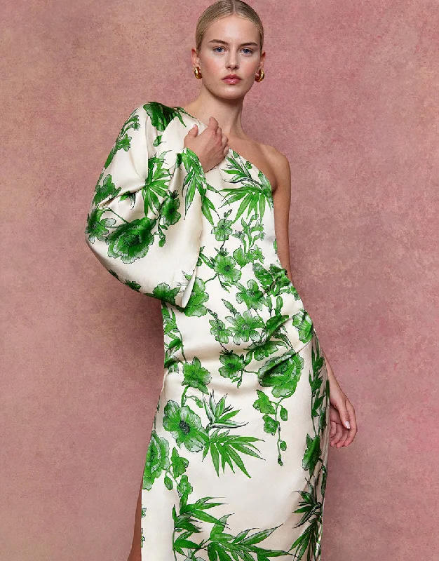 Atlantis Crepe Satin Midi Dress - Antigua Green Floral A-line Skirt