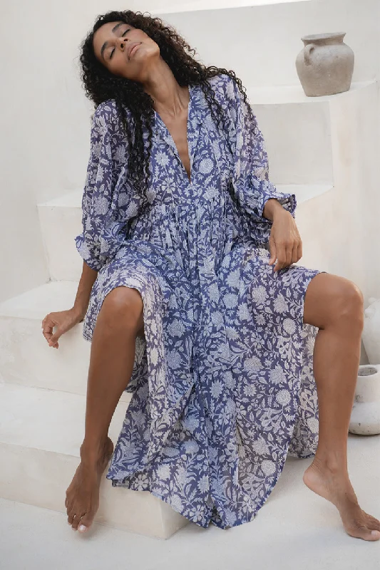 Kyra Midi Dress ~ Blue Iris Pleated A-line Skirt