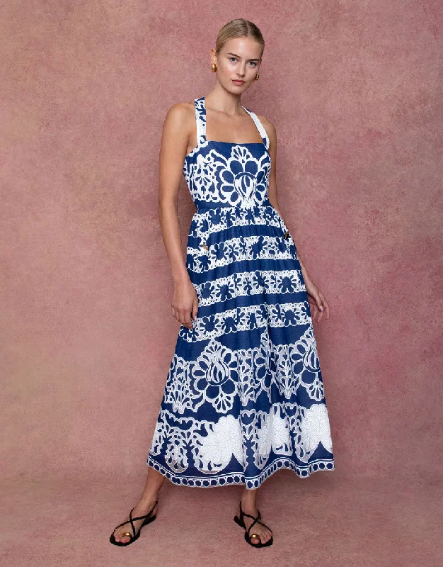 Mavaro Denim Midi Dress - Floral Navy Elegant Midi Dress