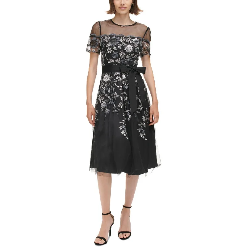 Womens Metallic Embroidered Midi Dress Formal Midi Skirt