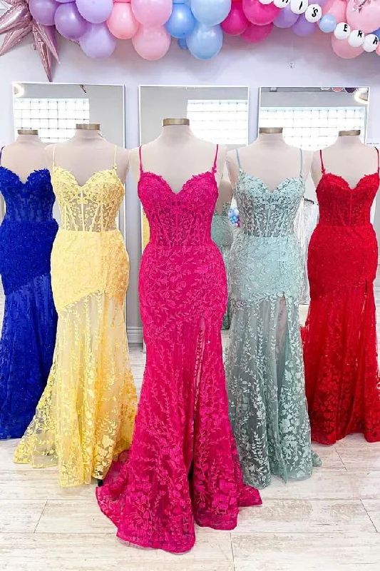 Double Straps Hot Pink Lace Applique Long Mermaid Dress Full Lace Dress