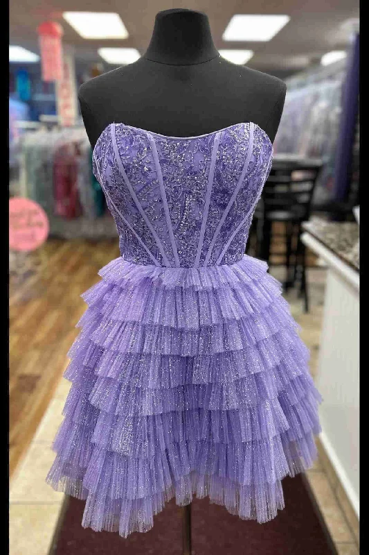 Strapless Purple Lace Tiered Short Homecoming Dress Lace Fit-and-Flare